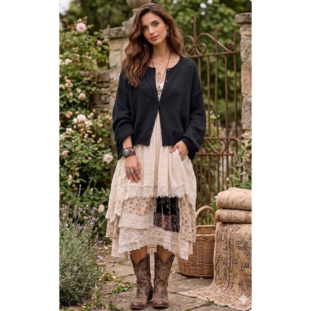 FLAX Angelheart Snap Front Cardigan Open Knit Black Cotton Blend S/M Boho READ